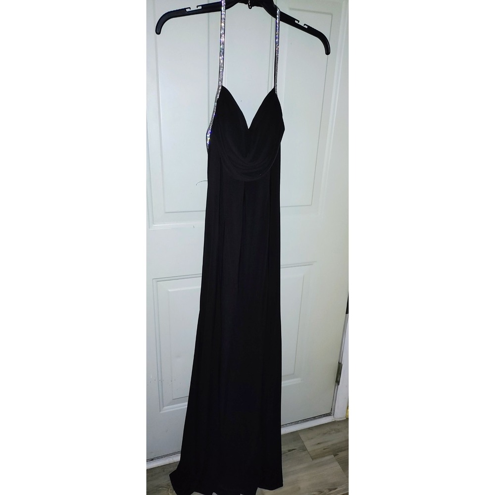 R&M Richards Black Gown With Sequin Halter Strap Size 14 NEW